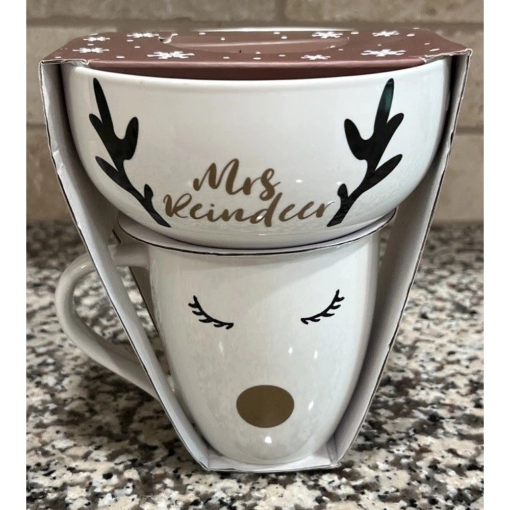New 2 Pc. Set Mrs. Reindeer Bowl & Mug Set By Eaton‎ Fine Dining Gift